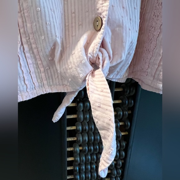 Baby Pink , Short Sleeve Button- Down w Textured Dots, Lace & ties at the waist - Picture 4 of 9